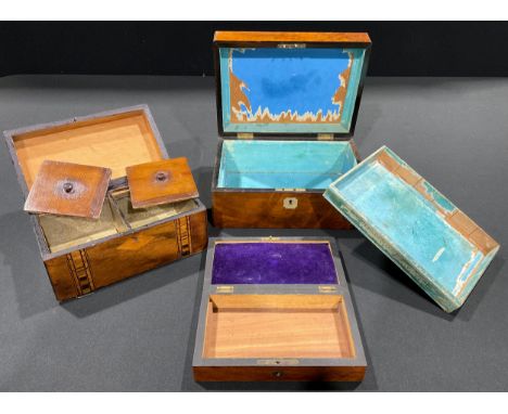 A Victorian walnut and parquetry tea caddy, c.1870; a Victorian walnut rectangular work box, c.1880; another, rosewood (3) 