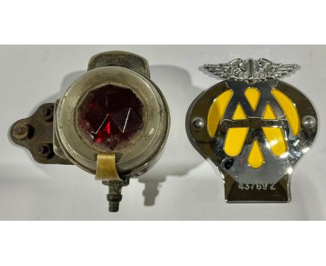 Automobilia - an Acetalyne motorcycle rear lamp; a motorcycle AA badge 