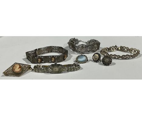 A silver filigree bracelet, marked 1000; a silver filigree brooch, set with a portrait cameo, marked '1000'; etc (quantity 