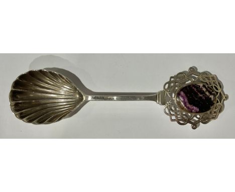 A Derbyshire Blue John mounted silver caddy spoon, Sheffield 1988 