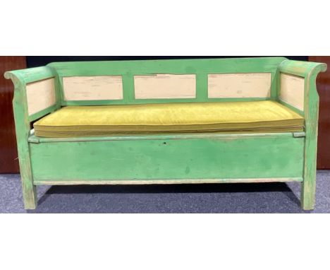 A 20th century pine box settle or bench, three panel back, chest seat with single lift up lid, 95cm high (54cm seat height), 
