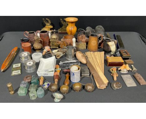 Boxes and Objects - a leather black jack ale mug; another; other leather mugs; leather gaiters; a leather crop; 19th century 