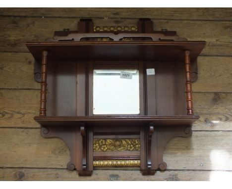 A small stool and a Mahogany mirror backed hanging shelf