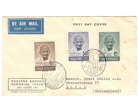 1948 MAHATMA GANDHI MEMORIAL ISSUE - FIRST DAY COVER WITH THREE STAMPS AND SPECIAL POSTMARK&nbsp;