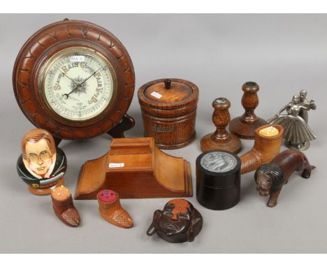 A collection of mostly wooden items to include Rowell & Harris aneroid barometer, tobacco jar, candlesticks etc.