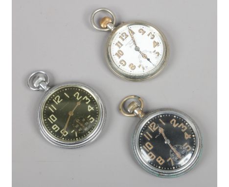 Three pocket watches including two Waltham military issue examples, along with a Manings example, broad arrow marks present o