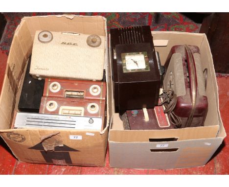 Two boxes of vintage radios mostly for spares or repair including Telechron, General Electric Company, Marconi Ferguson etc.