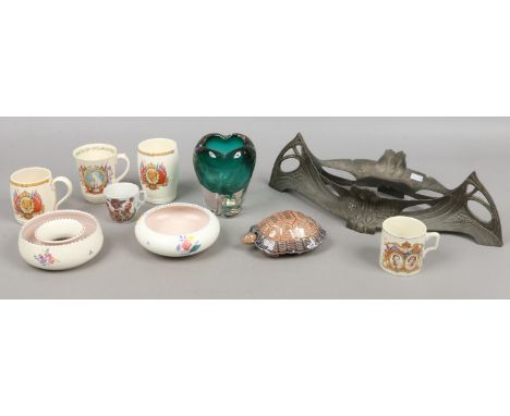 A quantity of collectables including a WMF Art Nouveau pewter centre piece (without liner) Poole pottery, commemorative teawa