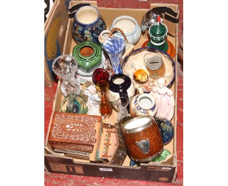 A box of miscellaneous including Japanese Satsuma vase, art glass, Noritake, carved wooden trinket box, glass paperweights et