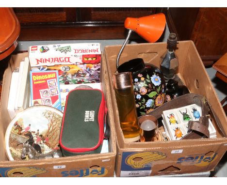 Two boxes of miscellaneous including vintage lava lamp chrome tablelamp base, boxed childrens toys and games etc.