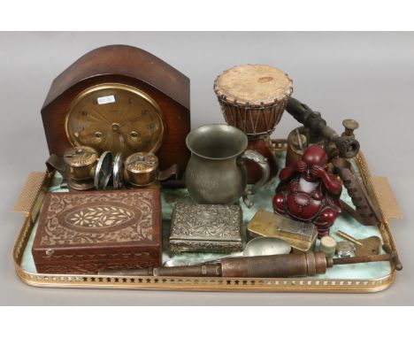 A tray of collectables to include oak cased mantle clock, composite model of a buddha, Bladon blow lamp, vintage greese gun e