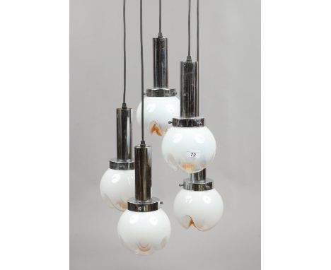 A retro five drop chrome and Murano milchglas suspension light fitting with globular shades.