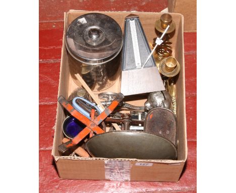 A box of collectables including cast iron weighing scales and weights, metronome, Wedgwood Jasperware lighter, Brass candlest