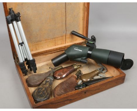 An old oak cutlery box and contents of Barr and Stroud spotting scope, tripod and a collection of brass copper and leather po