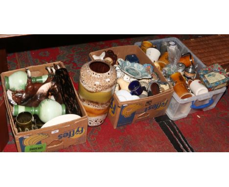 Three boxes of miscellaneous to include West German vases, steins, ceramic figures of horses, marbles etc.