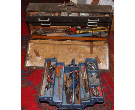 A wooden tool chest and tool box with contents of hand tools.