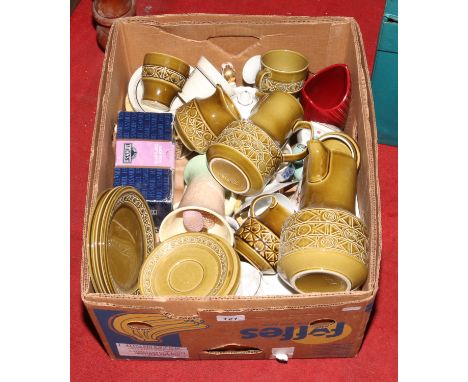 A box of miscellaneous pottery and china including a retro Beswick coffee set, Sylvac vase and Art Deco china tea cups etc.