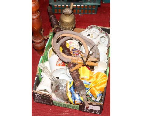 A box of miscellaneous to include Hookah pipe, commemorative cutlery, cut glass decanter etc.