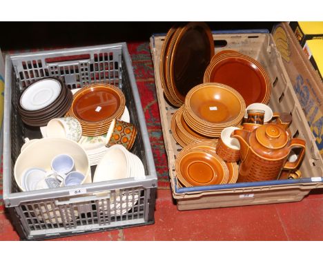 Two boxes of Hornsea pottery tea/coffee/dinnerwares decorated in various patterns including Saffron, Heirloom, Tapestry, Cont