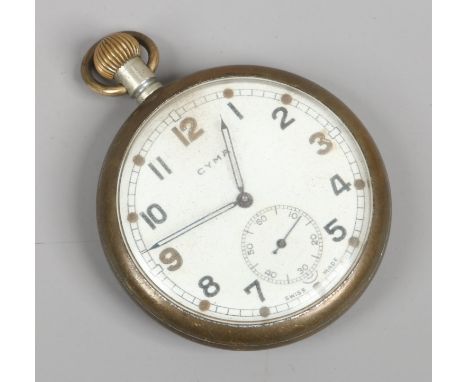 A Cyma military issue pocket watch with white enamel dial, Arabic numeral markers and subsidiary seconds, broad arrow mark to