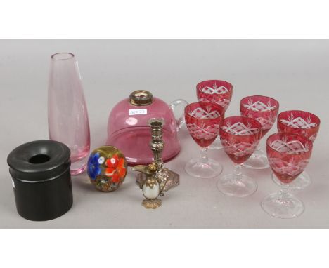 A mixed group to include silver candlestick, cranberry glass, ruby flash drinking glasses etc.