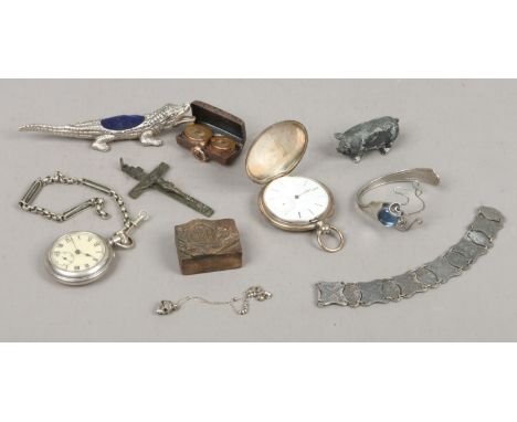 A small box of collectables including novelty crocodile pin cushion, two pocket watches including Hunter and a sovereign case