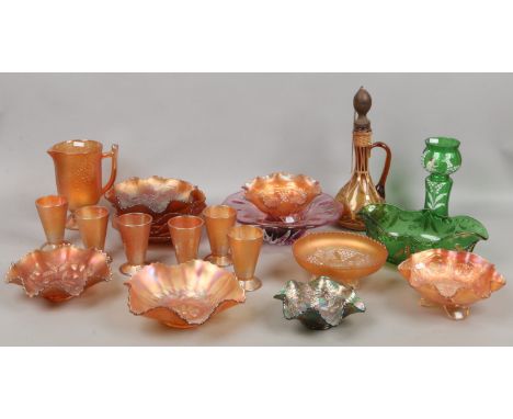 A quantity of collectable glass including an amber glass decanter, carnival glass, art glass fruit bowl etc.