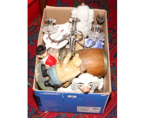A box of mixed ceramics and metalwares to include Royal Doulton character jug, pair of ceramic mantel dogs, set of chrome pla