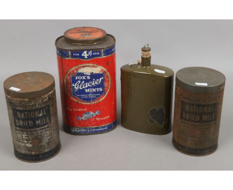 Three vintage tins, two for Ministry of Food national dried milk the other for Fox's mints, along with a military tin water b