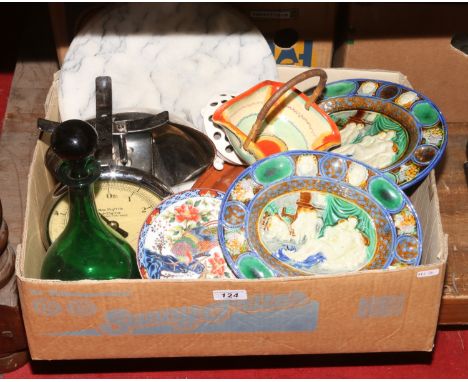 A box of miscellaneous to include chrome Salter kitchen scales, green glass decanter marble lazy Susan, terracotta lidded coo