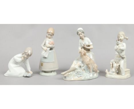 A Lladro figure of a young girl with slippers and three Nao examples.