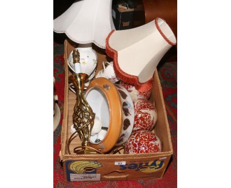 A box of tablelamps to include Aynsley, along with a quantity of coloured glass light shades.