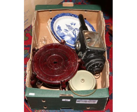 A box of collectables including coach lantern oriental carved hardwood display stand, blue and white, oak and metal ice bucke