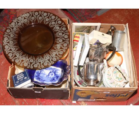 Two boxes of miscellaneous including silver plate, Ringtons, pewter tankards, cut glass, Grays pottery, ornaments etc.