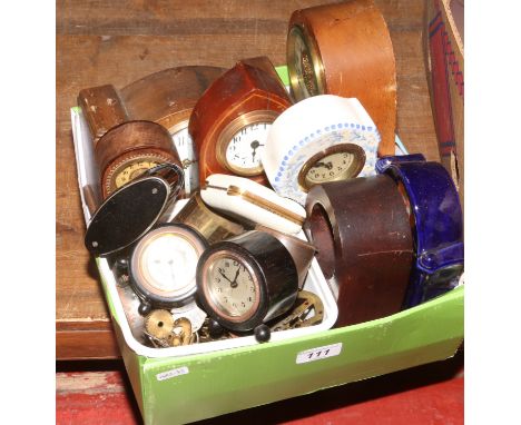 A box of various mantle clocks, desk clocks, clock parts etc.