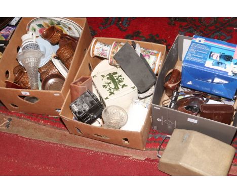 Three boxes of miscellaneous to include Poole, Denby, cameras, Chinese vase etc.