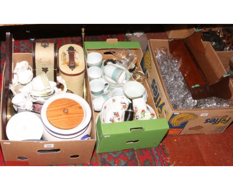 Three boxes of miscellaneous to include Wedgwood Aztec tea/dinnerwares, cut glasswares, Royal Doulton, barometer etc.