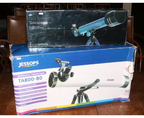 A boxed Jessops 800mm TA 800-80 reflector telescope with tripod along with a boxed 5000mm telescope and tripod.