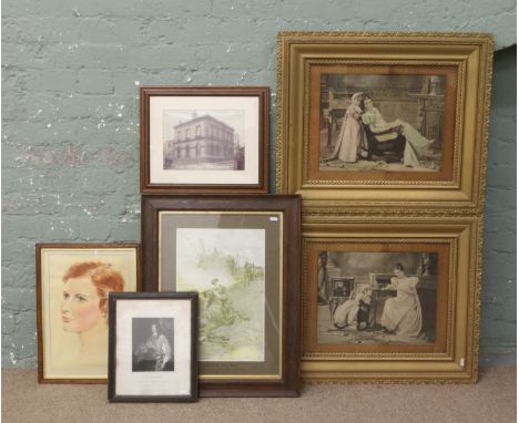 A quantity of framed pictures and prints including a pastel portrait, gilt framed hand coloured photographs, print after orig