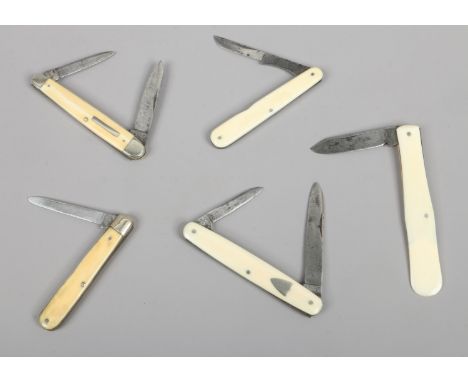 Five antique pocket knives including multi blade examples, all Sheffield makers and with ivory scales.