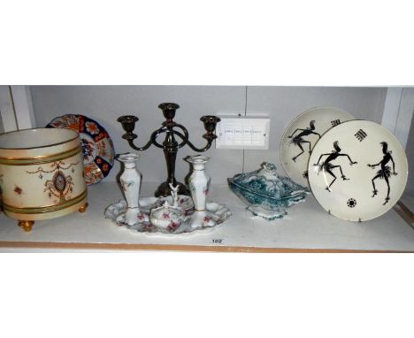 A quantity of china including Imari, retro, Wade plates, Crown Devon jardinier & silver plate candleabra etc