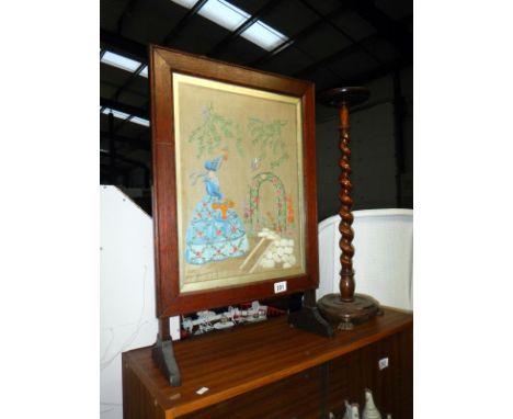 An oak framed tapestry fire screen & an oak barley twist smokers stand