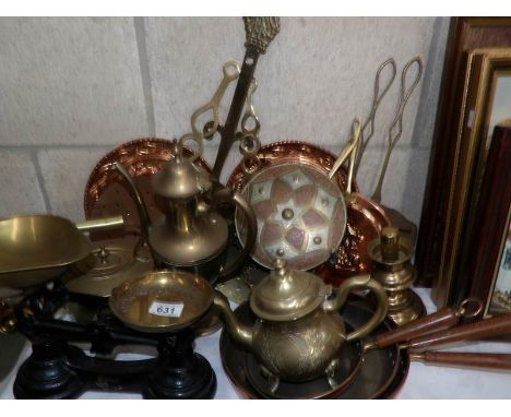 A mixed lot of brass and copper including scales, kettles etc