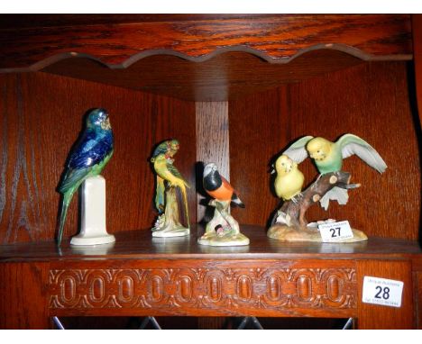 4 bird figurines by Royal Worcester (model CW156), floral bone china grass finch, Royal Addersley parakeet & Royal Derby Budg