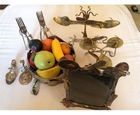 Assortment of Items Made from Vintage Silver Plate cutlery, including Photo Frame, Candle stick Holder and Fruit Holder.