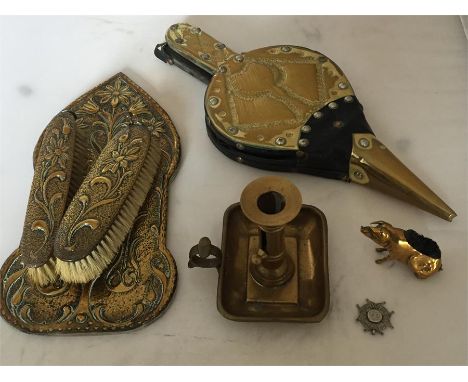 A Quantity of Mainly Antique Brassware including Pig Pen Wipe, Bellows, Chamber Stick and Silver Fob