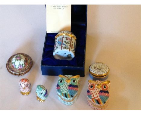 Herend, Hungary Painted Porcelain Owl Boxes and Enamel Boxes, Including Halcyon Days, Enamel Music Box and Limoges Box a/f