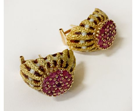 HIGH CARAT GOLD RUBY &amp; ENAMELLED EARLY FRENCH EARRINGS
