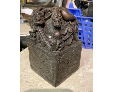 CHINESE BRONZE DRAGON SEAL 13CMS (H) APPROX 