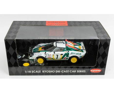 Kyosho: A 1:18 Scale Model of a Gorgeous Collection: Lancia Stratos HF Alitalia '77 Safari No. 7, Manufacturer Kyosho. Boxed.